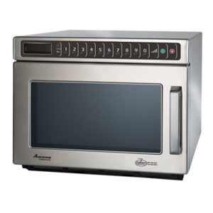 Microwave, Amana® Commercial C-Max Microwave Oven, 1800 watts, 0.6 cu. ft capacity, heavy volume, compact, stackable, X2 quantity pad, 11 power levels, 4-stage cooking, 100 memory settings, LED display, auto voltage sensor, side hinged door with tempered glass, stainless steel interior & exterior, removable air filter, 208-240v/60/1-ph, power consumption: 3000 total watts, 14.4 amps, 20 MCA, 5'6" cord & NEMA L6-15P, cETLus